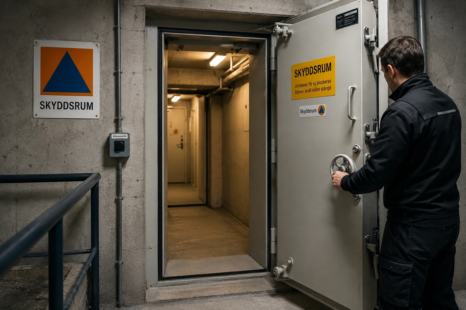 Fastighetsägare inspekterar skyddsrumsdörr inför nya regler för skyddsrum 2026