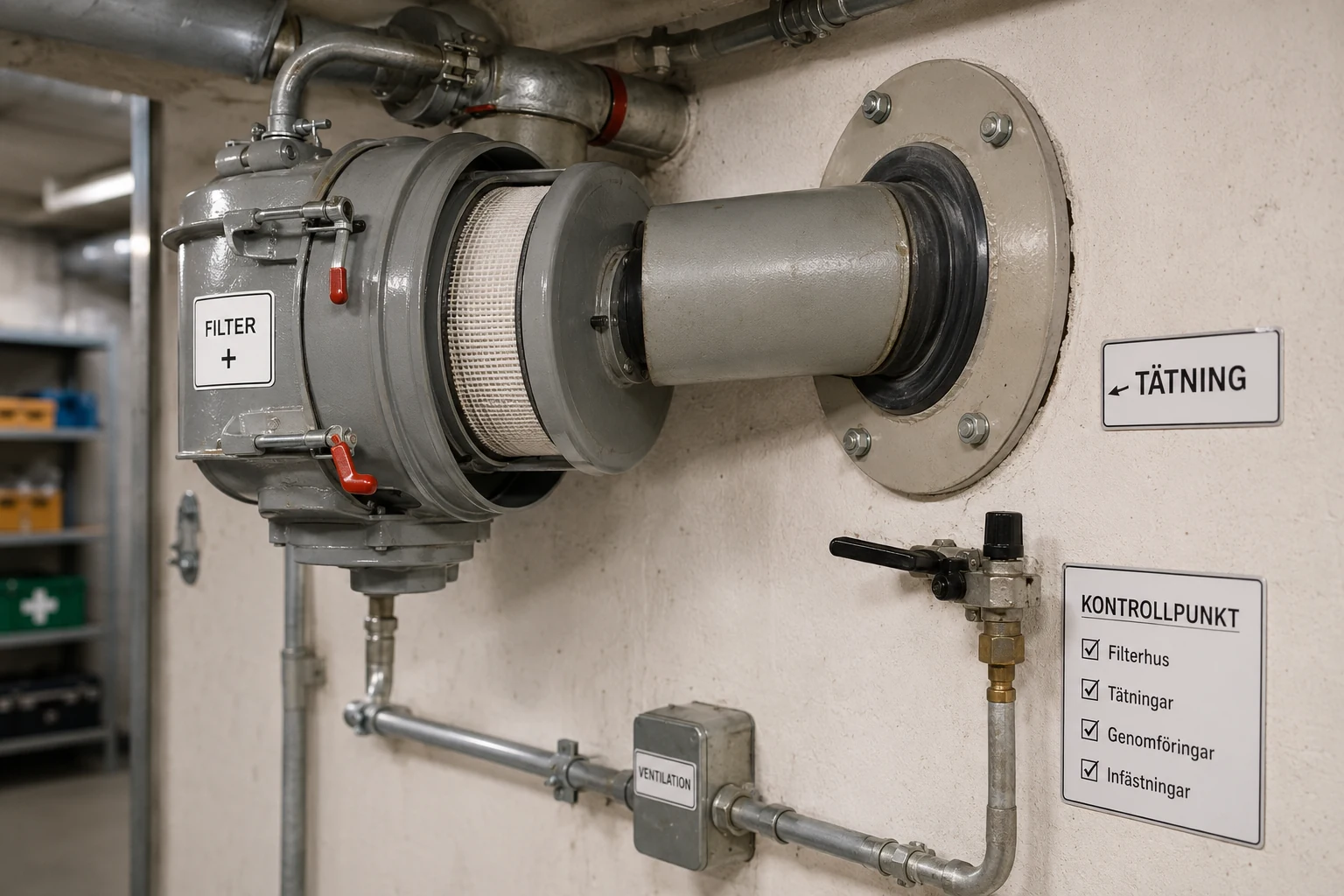Närbild på skyddsrumsventilation, tätningar och kontrollpunkter vid skyddsrumsbesiktning
